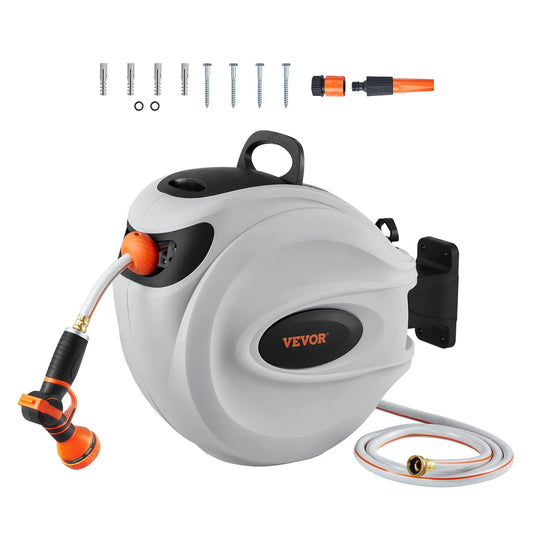Retractable Garden Hose Reel with 9-Pattern Nozzle & 180° Swivel Bracket